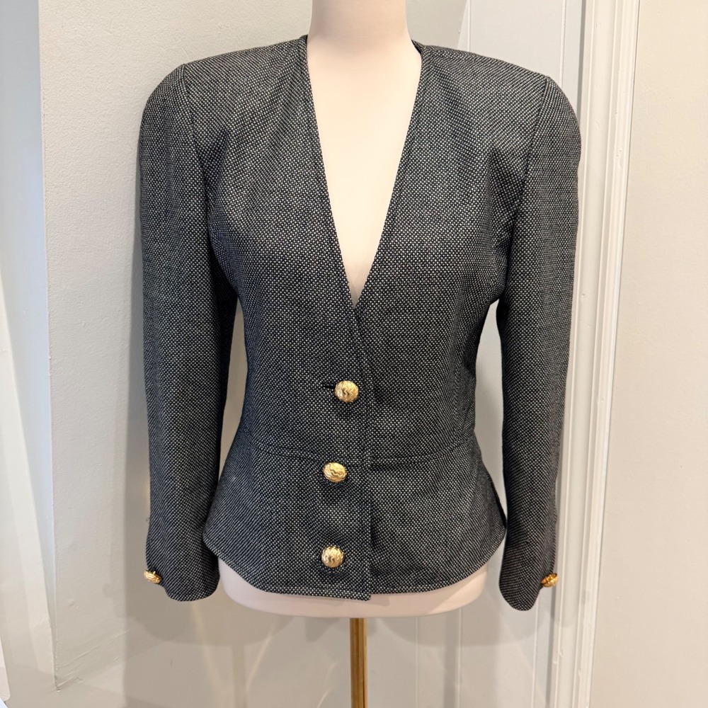 Vintage 80s Adele Simpson Saks Peplum Blazer Jacket Gold Buttons | size 4